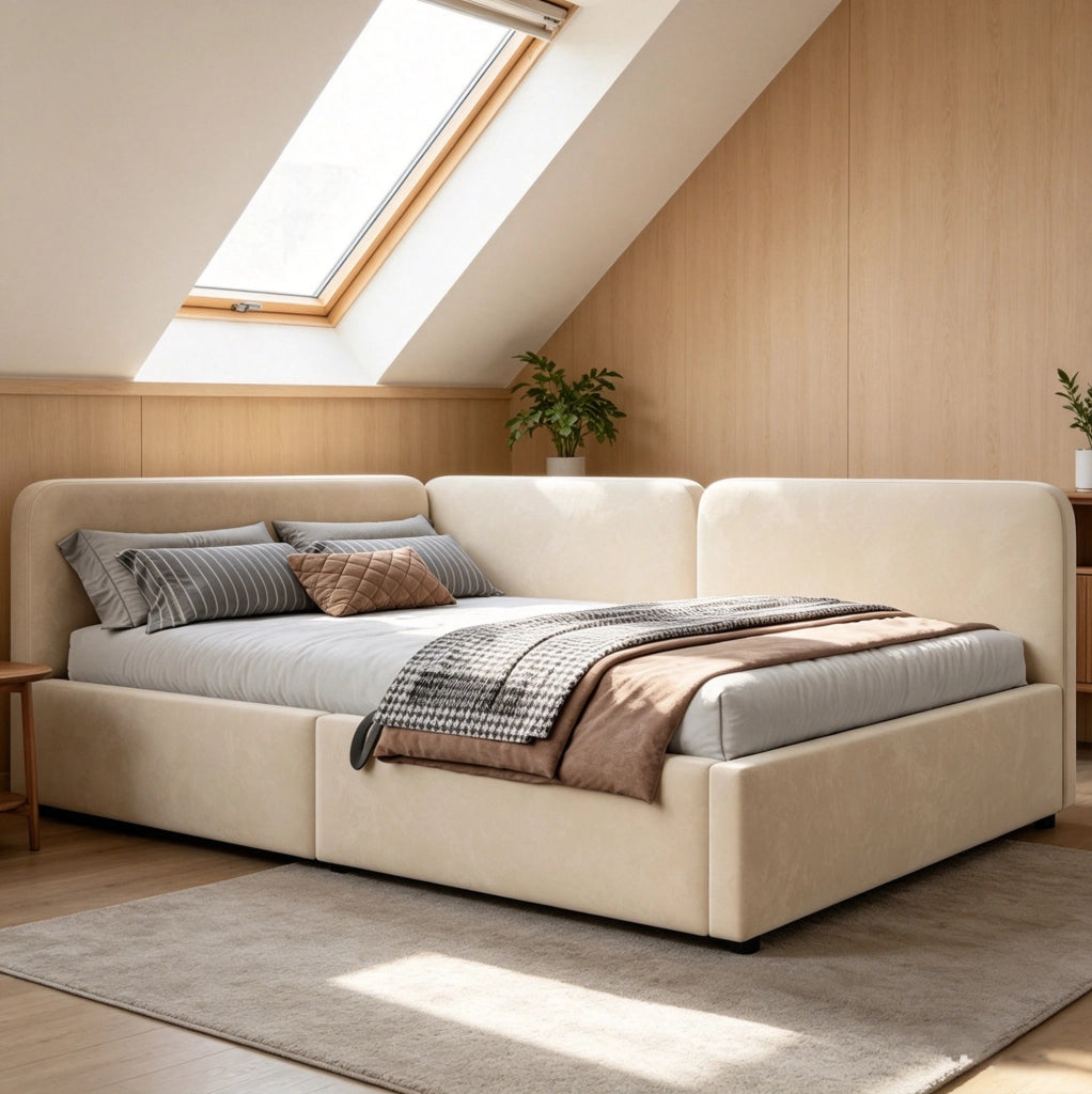 Divano letto imbottito 206x146x81 cm con contenitore idraulico; testiera reversibile in tessuto beige