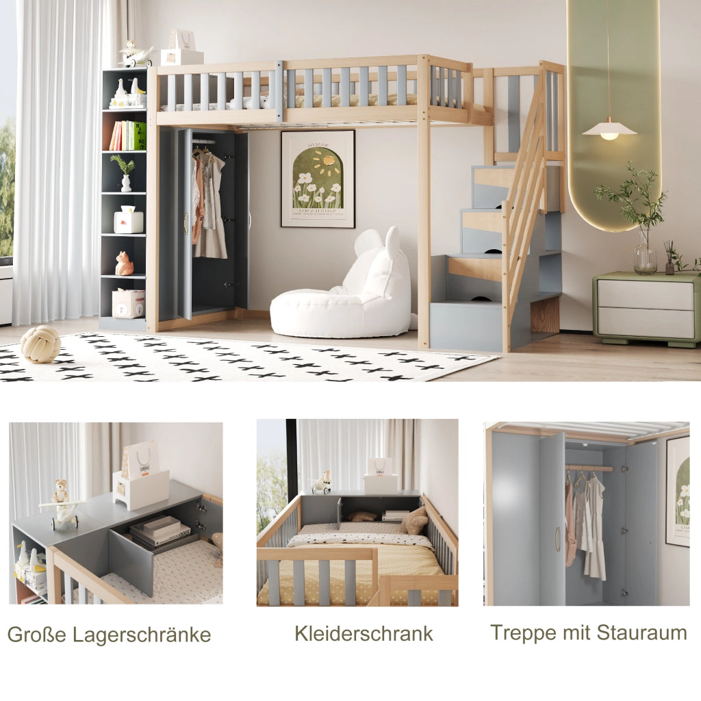 Letto a castello grigio e legno naturale con funzione contenitiva 90x200 cm