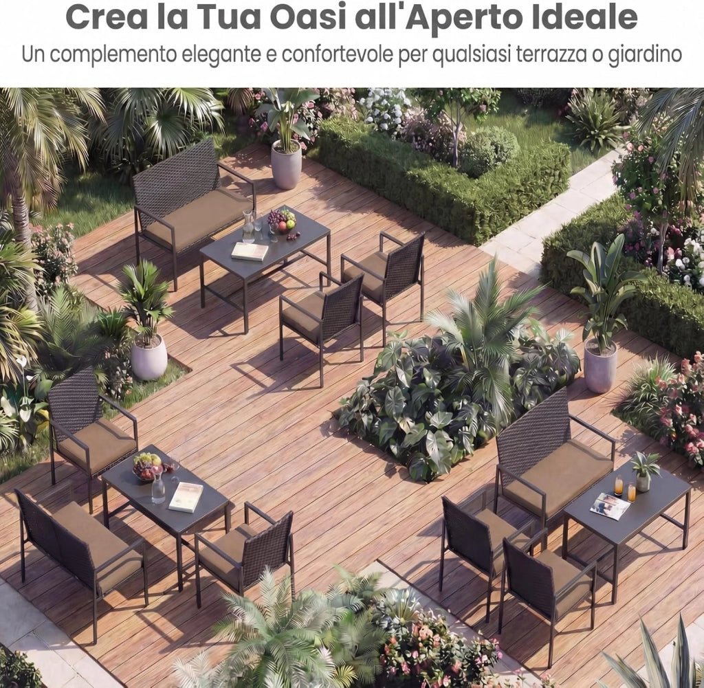 Set Salotto da Giardino in Rattan 4 Pezzi, Set Mobili da Eterno con 2 Poltrone, Divano a 2 Posti, Tavolino con Piano in Vetro Temperato e Comodi Cuscini per Cortile, Bordo Piscina (Marrone)