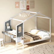 Telaio per letto a forma di casa con scrivania, letto capanna per bambini con vassoio rimovibile, cassetti, ganci, doghe in legno, per ragazzi e ragazze, nessuna rete necessaria (140 x 200 cm)