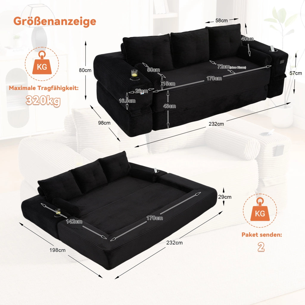 Divano letto modulare in velluto a coste con cuscini memory, tasche laterali e portabevande, nero 232 × 98 × 80 cm