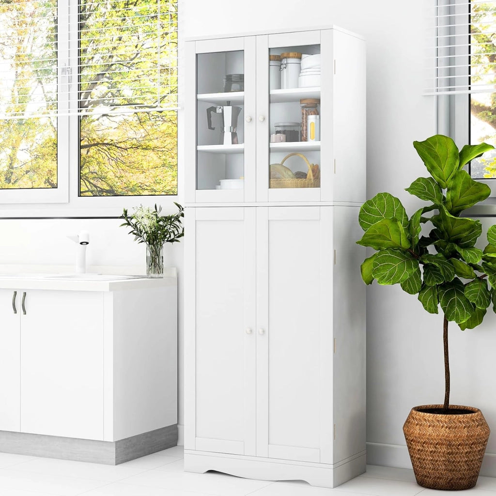 Armadio alto dispensa da cucina, mobile credenza indipendente con due ante in vetro temperato, per sala da pranzo, soggiorno, 60 x 31,5 x 161,5 cm (bianco)