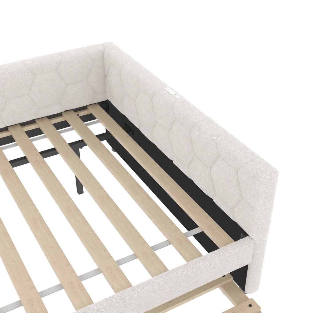 Letto 90x200 cm con letto estraibile; USB; Type-C e luce notturna in bouclé bianco