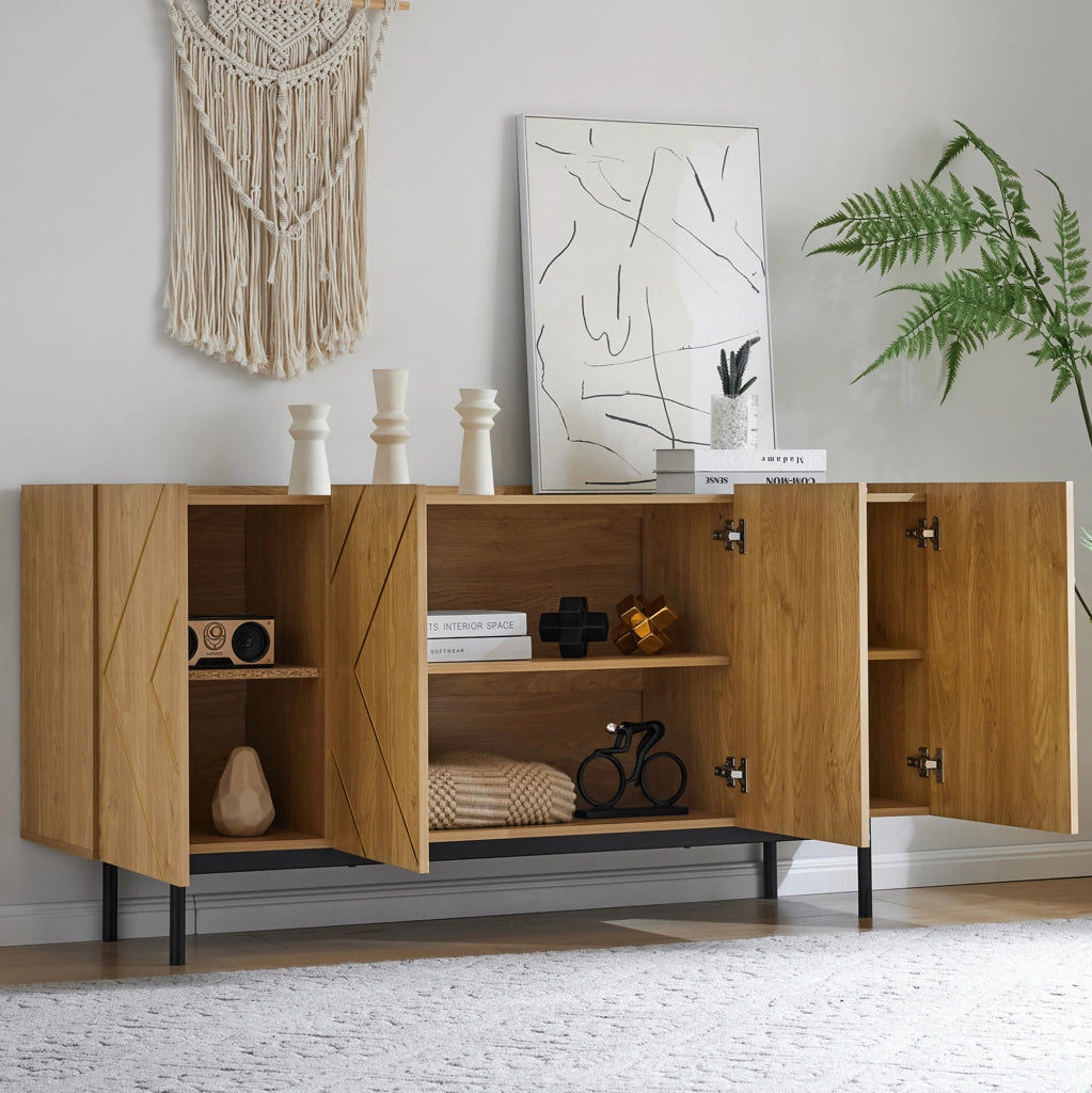 Credenza 160x40x78 cm con 4 ante e ripiani regolabili in truciolare naturale