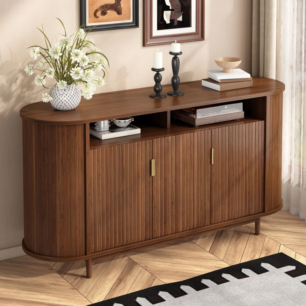 Credenza, mobile da ingresso, armadio a 3 ante, effetto legno, MDF, gambe in legno, colore noce
