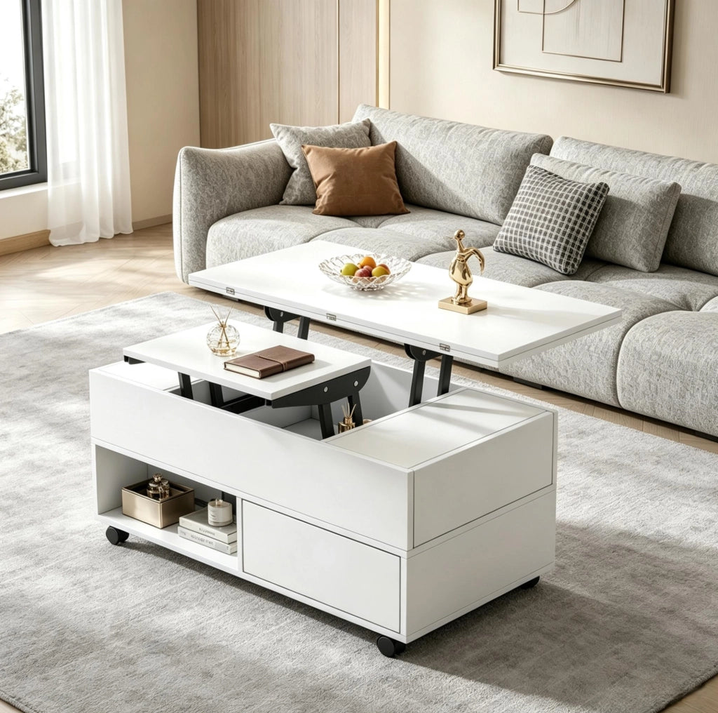 Tavolino da caffè 100x50x52 cm regolabile in altezza con 4 cassetti in truciolare bianco