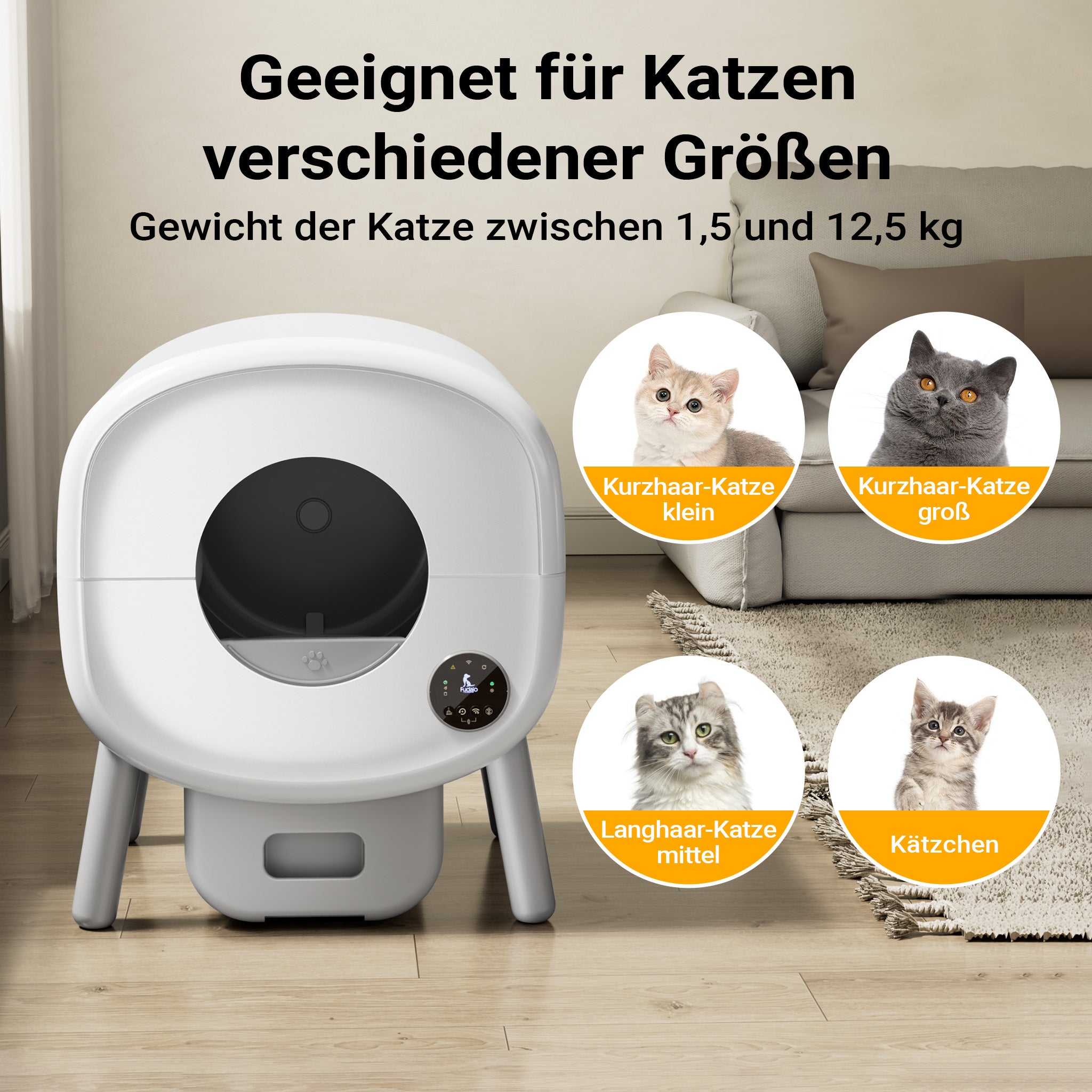 Fudajo Lettiera autopulente per gatti 76 L, lettiera automatica controllo con app e connessione USB, funzionamento manuale o automatico