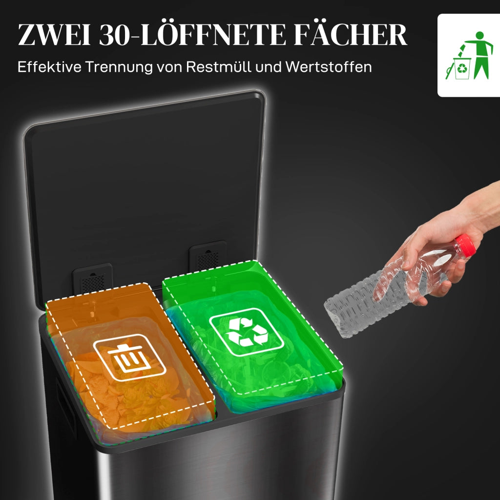 Pattumiera da 60L con 2 Scomparti ¨C Xylo ¨C Acciaio Inox Nero, Coperchio Soft-Close