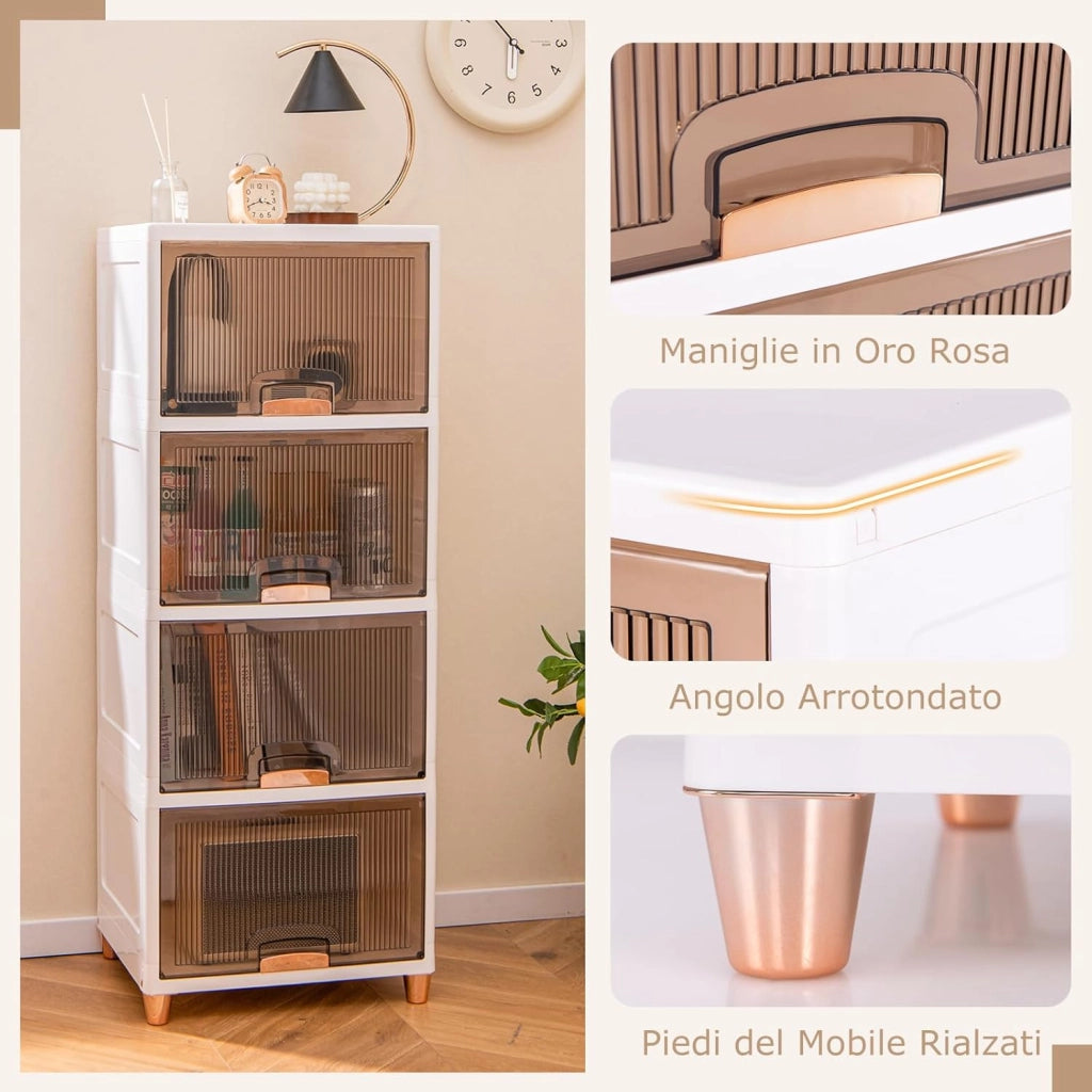 Contenitori Impilabili a 4 Livelli, 150L Scatole di Stoccaggio con Coperchio e Porte Magnetiche, Set da 4 Contenitori in Plastica per Camera da Letto Soggiorno Cucina, 45x38x117 cm