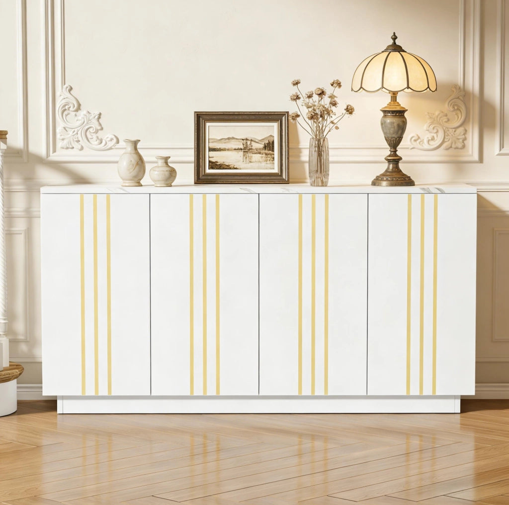 Credenza 35x140x70 cm con 4 ante e ampio spazio contenitivo in truciolato bianco e oro