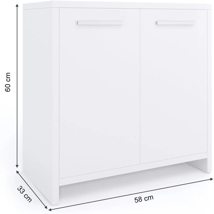Mobile sottolavabo per bagno Kiko, Bianco, 58 x 60 cm, con ritaglio per sifone e spazio di stoccaggio per l’organizzazione del bagno