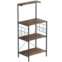 Ripiano da Cucina a 4 livelli, con Piano di Lavoro e 8 Ganci, Marrone e Nero