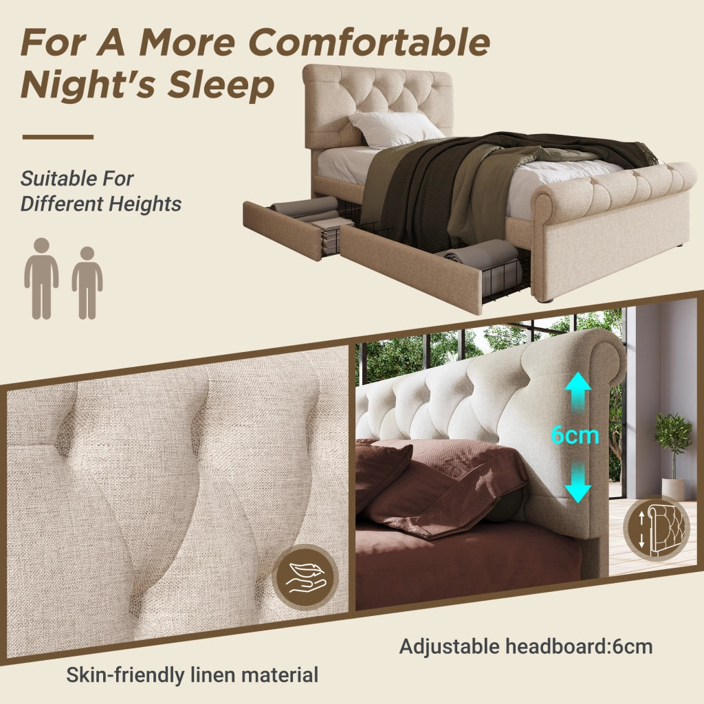 OKWISH Letto con Cassetti 90×200 cm, Letto Singolo con 2 Cassetti, Testiera Regolabile e Imbottitura, senza Materasso, Naturale