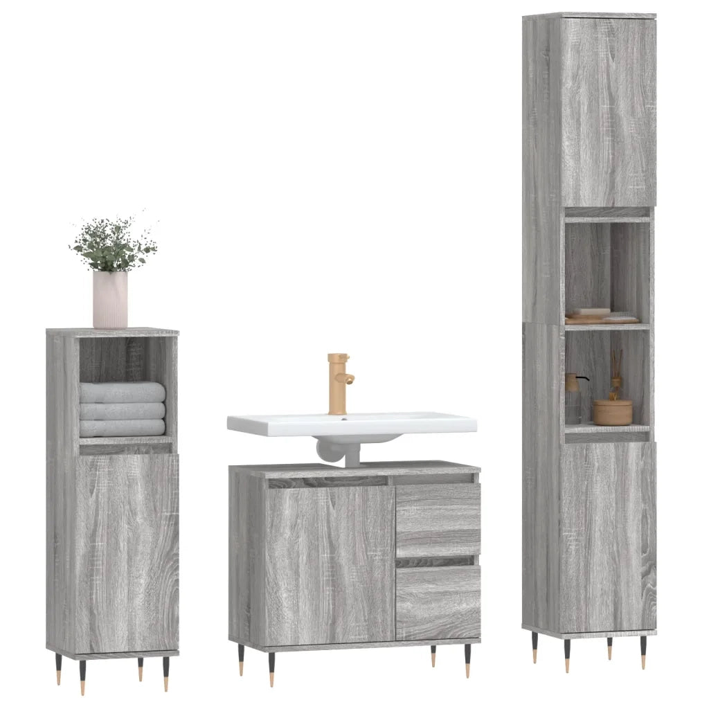Set Mobili da Bagno 3 pz Grigio Sonoma in Legno Multistrato 3190219