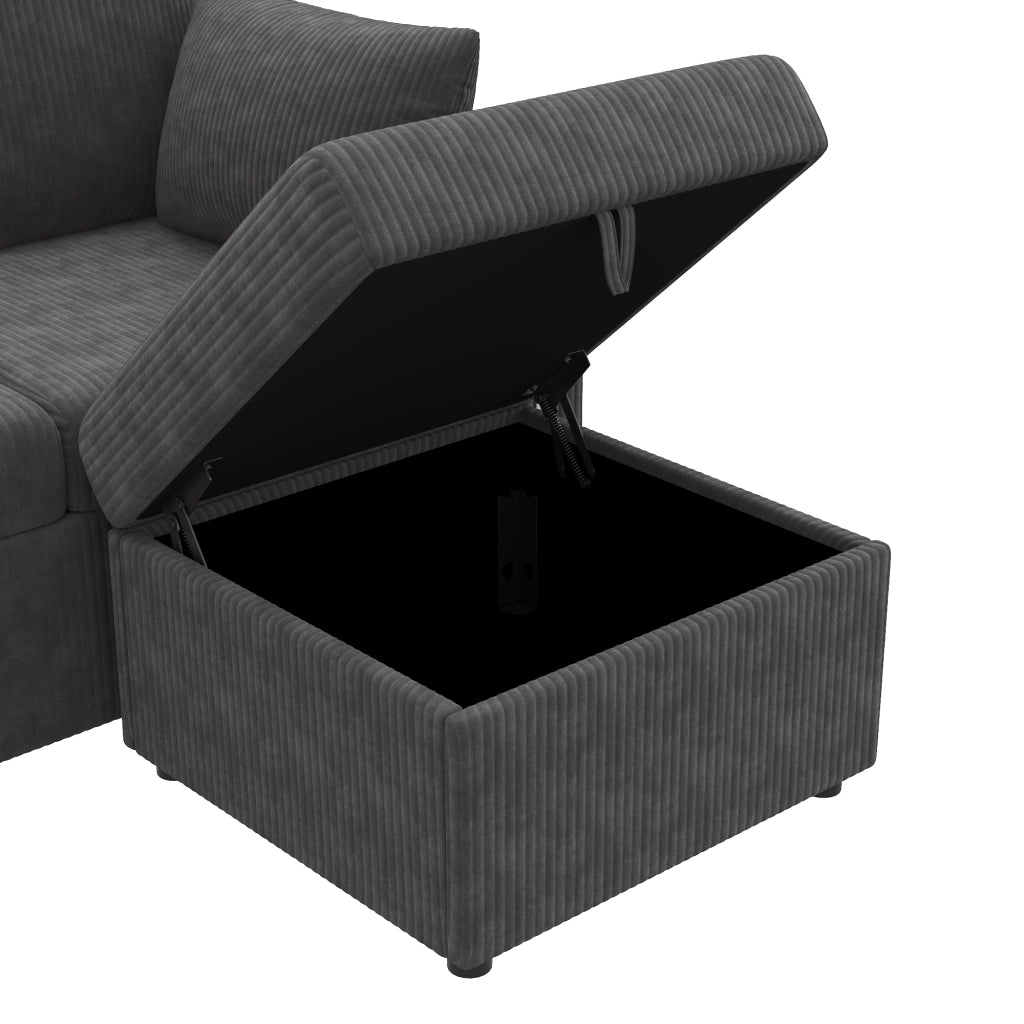 DIVANO Modulare U/L 190x130x85 cm Grigio in tessuto corduroy con 2 pouf contenitore