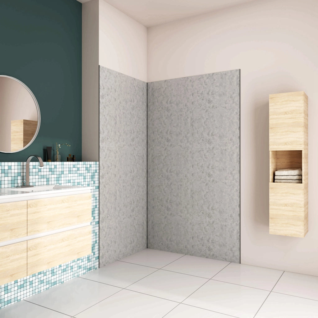H.210 cm Pannello Doccia ad Angolo 90x100 cm Realizzato in Alluminio da 3 mm con Profili Finitura Grigio Cemento per Rivestimento Parete Bagno