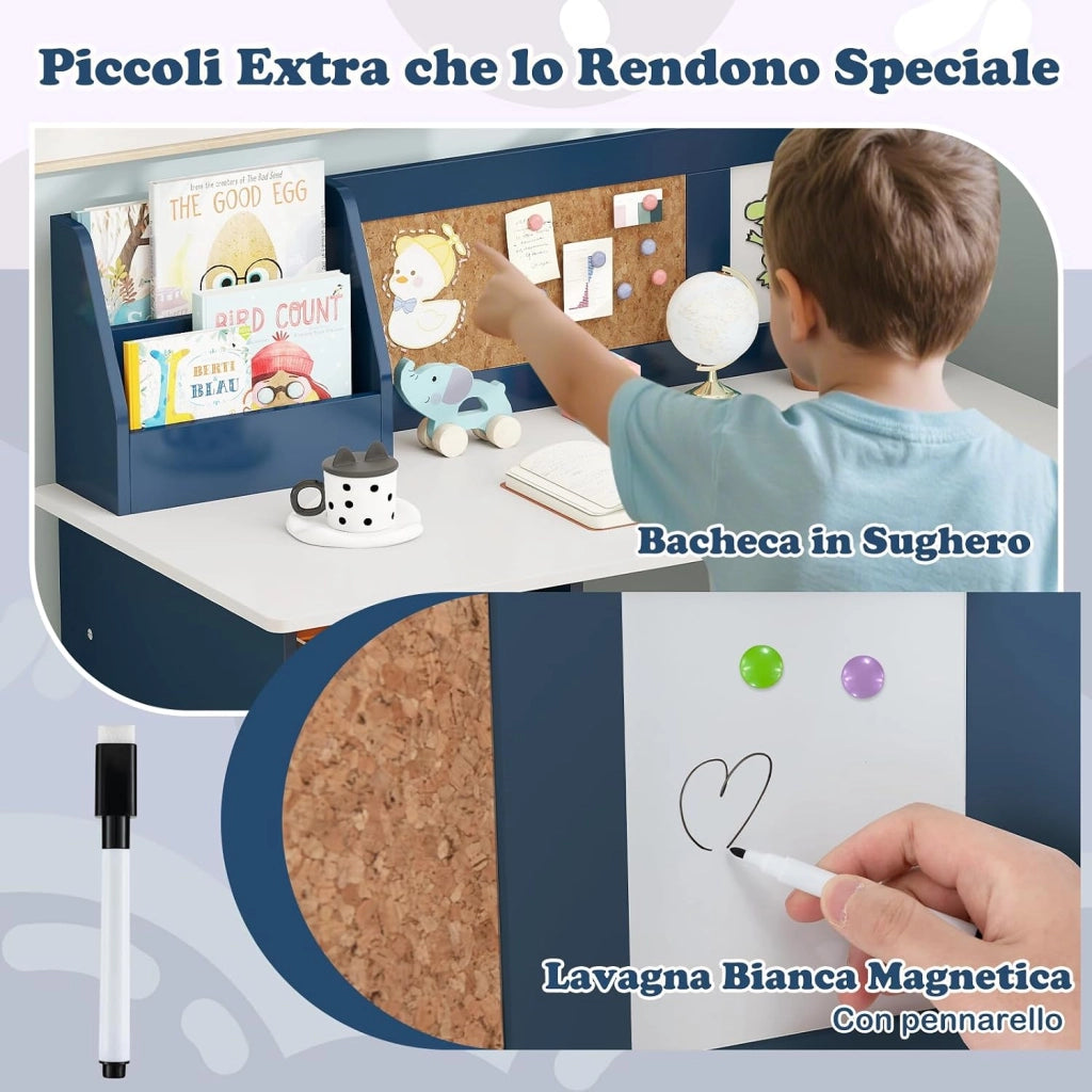 Set Scrivania e Sedia per Bambini 3+ Anni per Studio e Lettura, Blu | Banco Scuola con Sedia Ergonomica, Lavagna Bianca, Pennarello, Armadietto e Bacheca, Postazione Computer per Cameretta