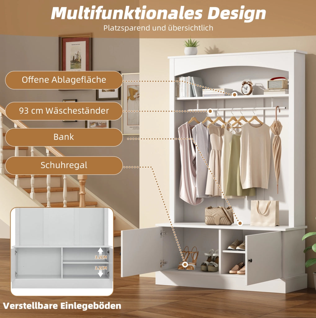 Armadio ingresso bianco con panca; scarpiera e appendiabiti 120x40x190 cm in truciolare
