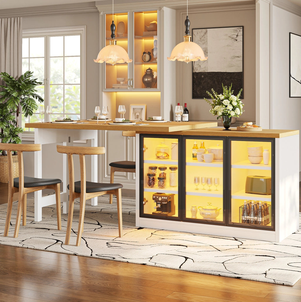 Tavolo allungabile con credenza laterale e luci multicolore, bianco
