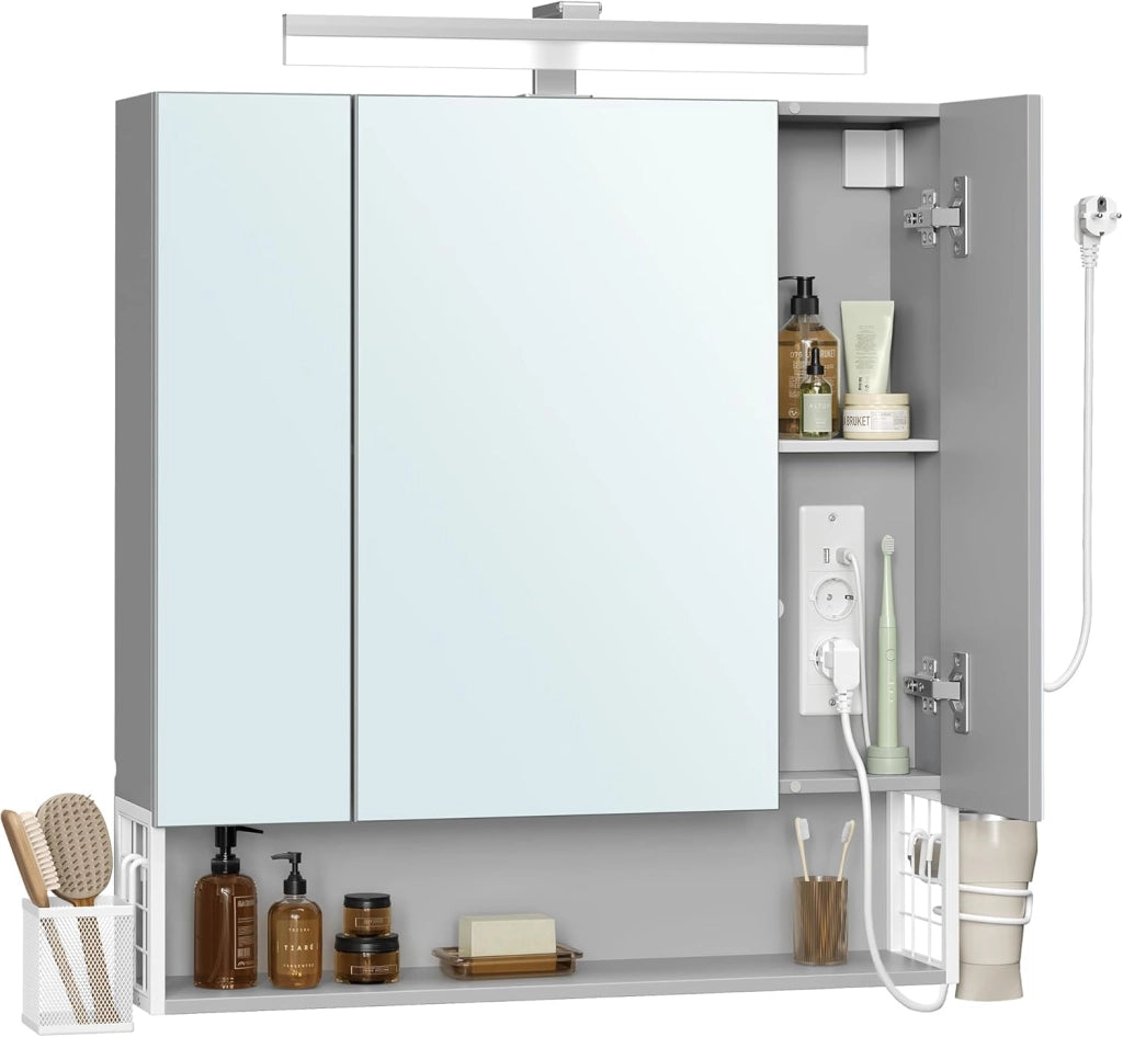 VASAGLE Mobile da Bagno con Illuminazione a LED, 16,5 x 70 x 75 cm, Multipresa Cestino Appeso Supporto per Asciugacapelli per Bagno Lavabo, Bianco Nuvola e Grigio Tortora BBK126G01