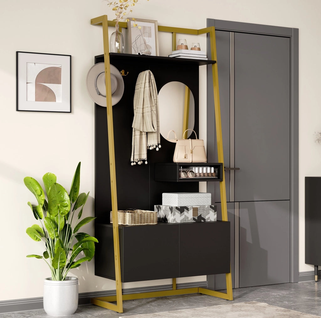 GUARDAROBA Compatto con Specchio e Scarpiera 78x38,5x180,5 cm Nero MDF e Metallo