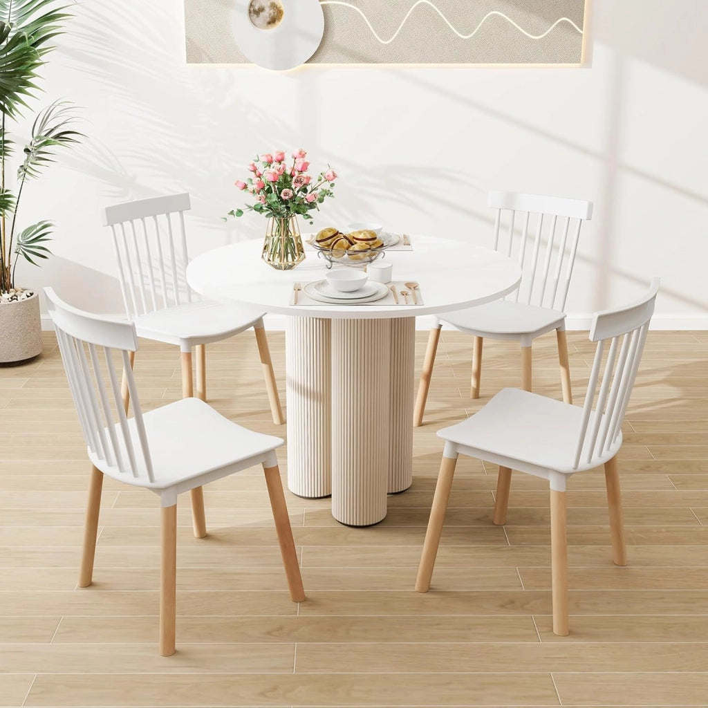 Set 4 Sedie da Pranzo Windsor 51,5 x 48 x 83 cm, Sedie da Cucina Moderno con Schienale a Spindle e Sedili Curvati, Gambe in Faggio e Punte Antiscivolo (Bianco)