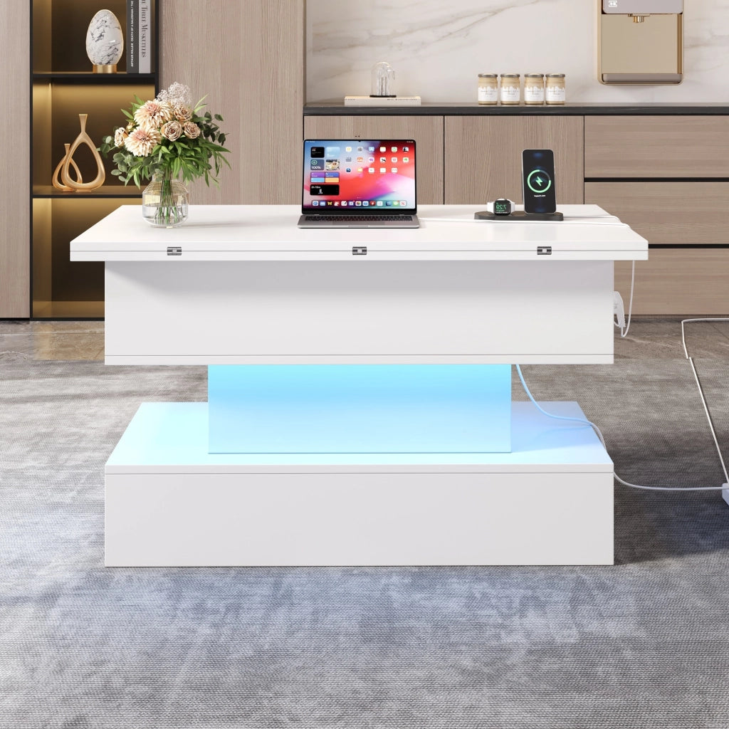 Tavolino basso sollevabile con LED e presa, vano contenitore, per soggiorno, bianco, 100 × 50 × 51,5 cm