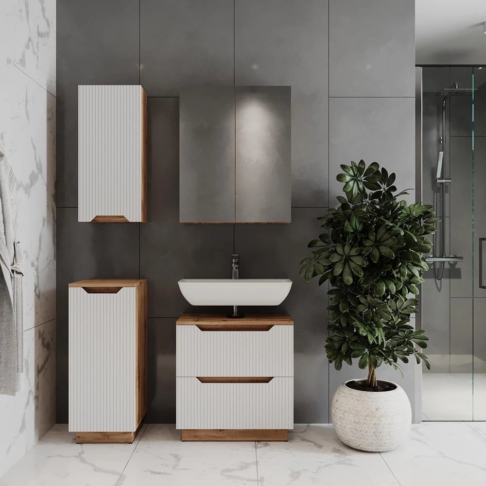 Set di mobili da bagno Lotta, Rovere/bianco a strisce, 4 parti