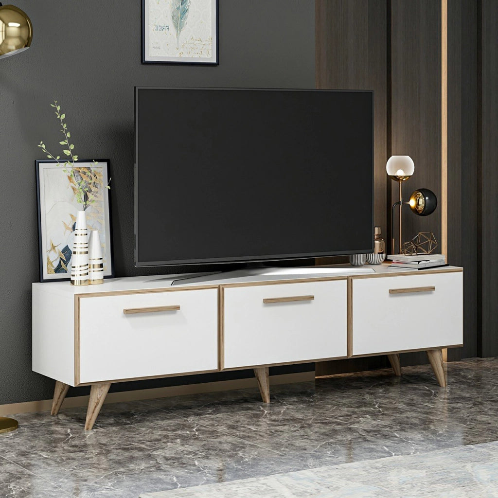 Mobile Porta TV 'Brønderslev' Armadietto Basso a 3 Ante a Ribalta - Bianco [en.casa]