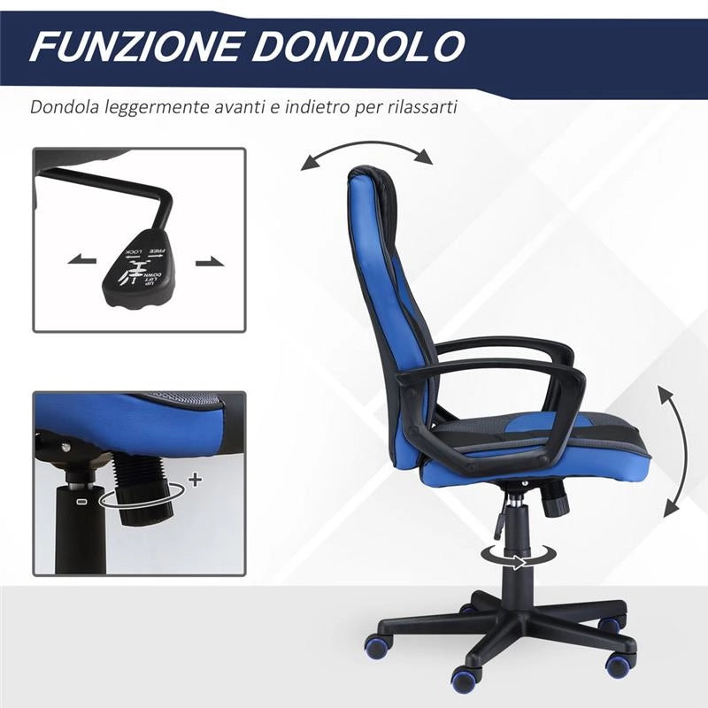SEDIA DA GAMING POLTRONA DA UFFICIO GIREVOLE CON RUOTE IN SIMILPELLE NERA BLU