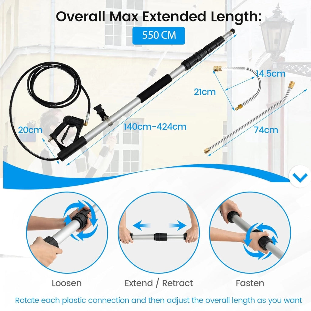 Spruzzatore Lancia Telescopica per Pulitore Ad Alta Pressione, Set Prolunga Pulitore con 5 Ugelli, 2 Adattatori, Cintura di Imbracatura, 550 CM Max, 4200 PSI, per Tetto, Auto, Terrazza, Parete