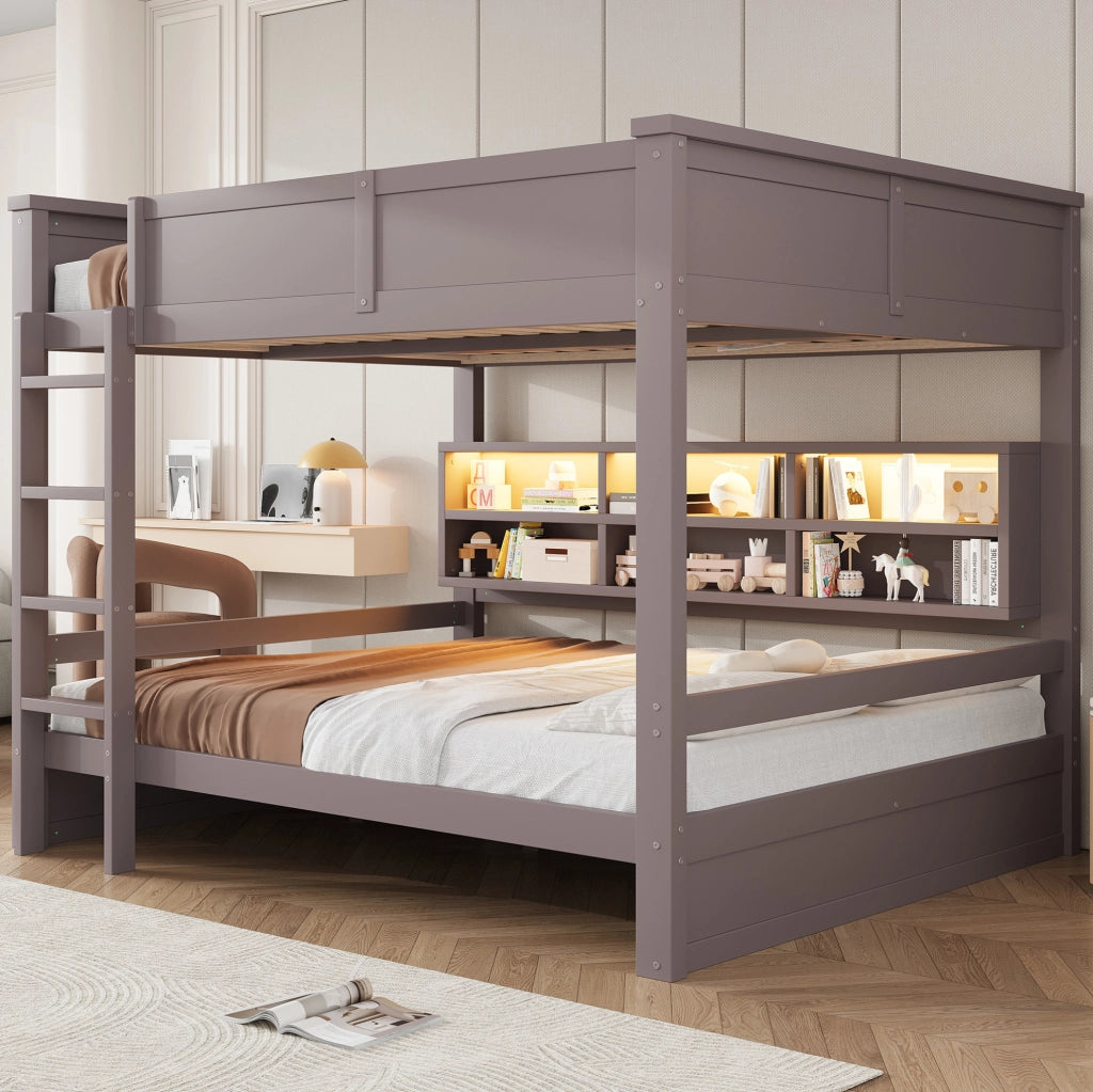 Letto a castello 160x200 cm in pino e MDF con 6 vani contenitori e luce LED; marrone