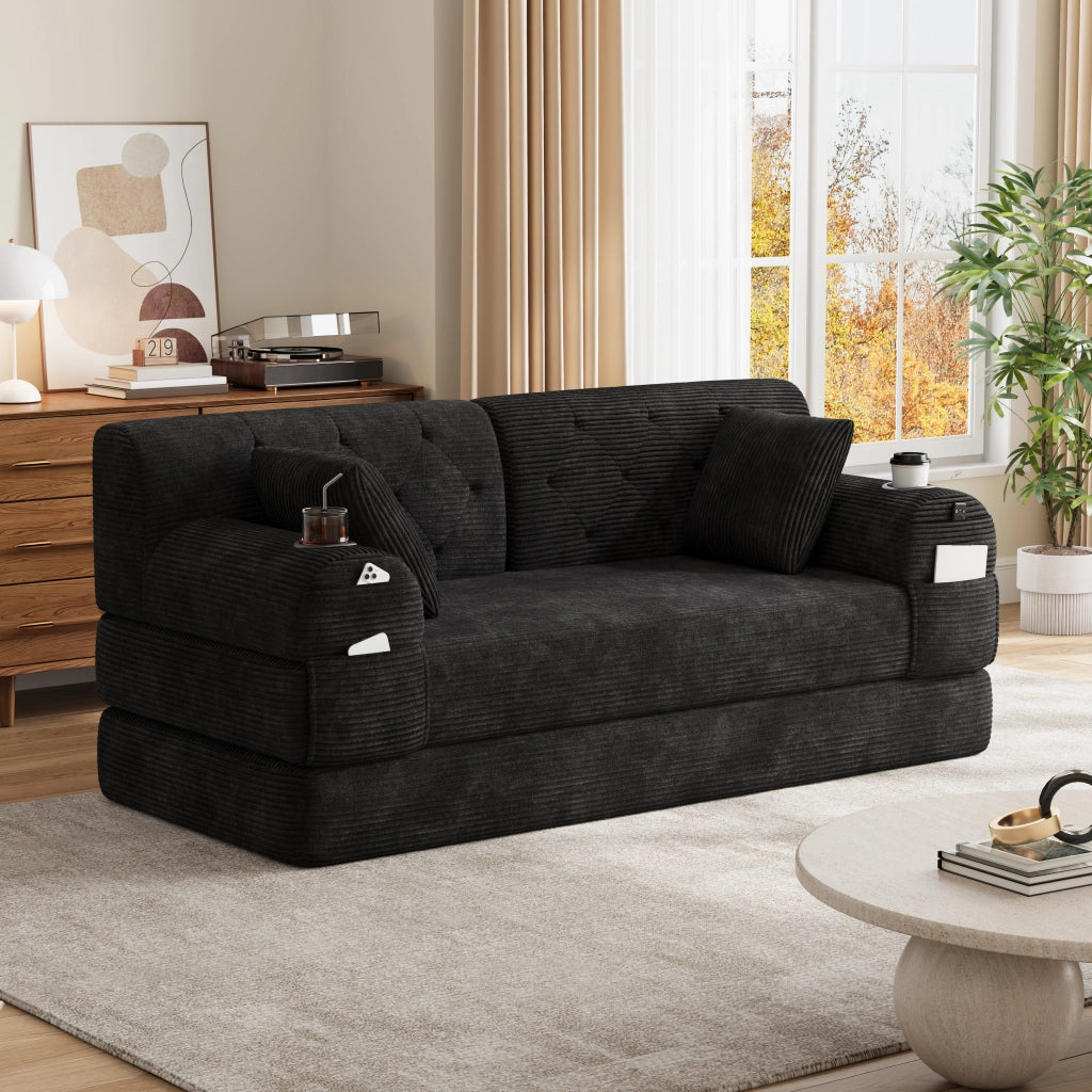 Divano letto a 2 posti con schienale alto, tasche laterali e 2 portabicchieri in velluto a coste nero 168 × 80 × 81 cm