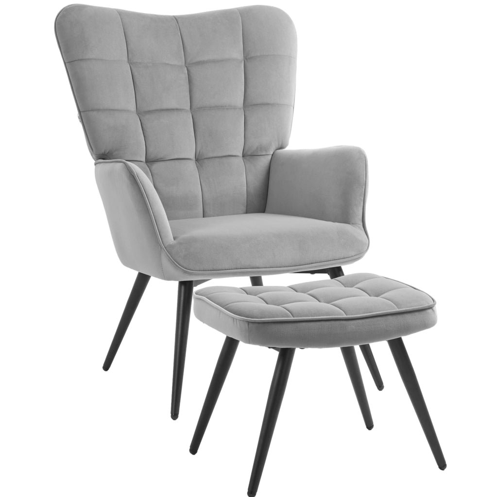 Poltrona relax con pouf effetto velluto, grigio chiaro