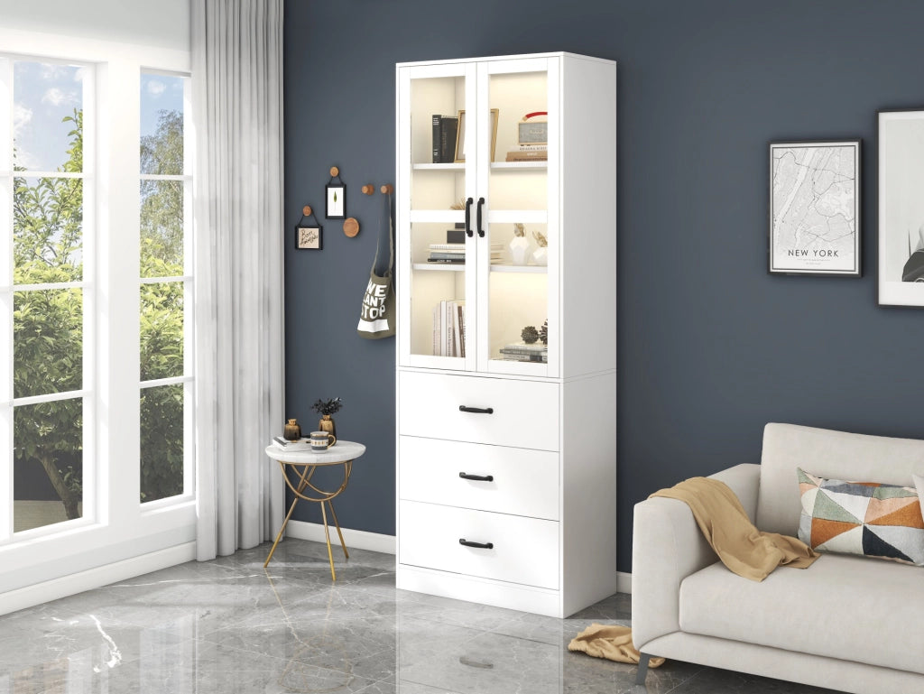 Vetrina bianca alta 200 cm con ante in vetro, 3 cassetti e illuminazione LED