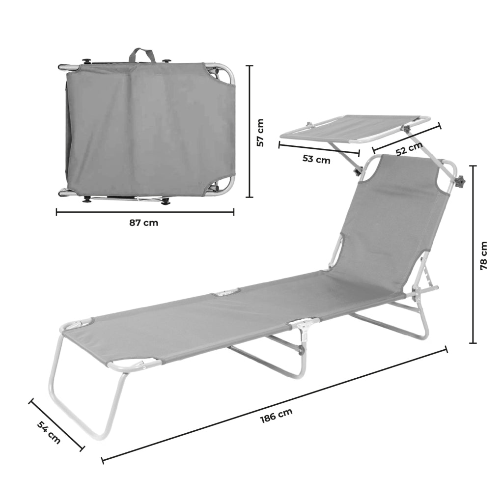 Coppia Lettini Prendisole Pieghevoli con Parasole Regolabile, Schienale Reclinabile in 4 Posizioni, Struttura in Acciaio Anti-Ruggine, Tessuto Impermeabile Anti-UV, Portata 110 kg Grigio