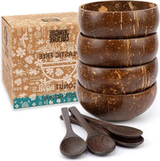 Set di servizio per piatti di cocco a cucchiaio da 4 • Piatti di legno con setole di bambù e sacchetti • Servizio per grani e insalata • Servizio per pasta di acai smoothies • Regalo eco-friendly e vegano per set di scodelle