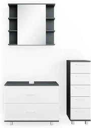 Set mobili bagno Ilias, Bianco/antracite, 80 cm, composto da mobile sottolavabo, specchiera e mobile medio