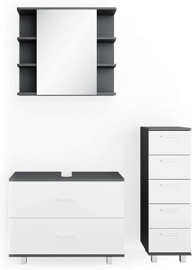 Set mobili bagno Ilias, Bianco/antracite, 80 cm, composto da mobile sottolavabo, specchiera e mobile medio