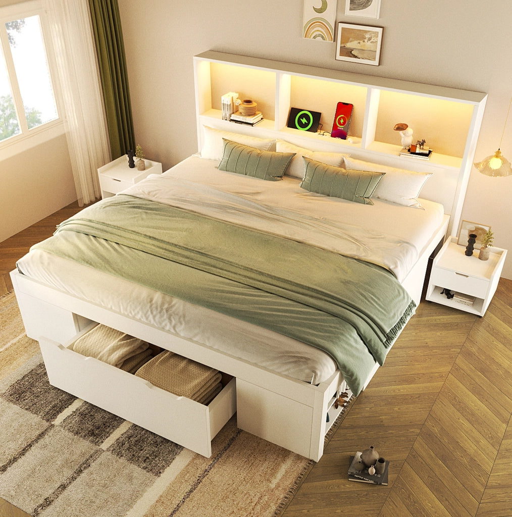 Letto matrimoniale 140x190 cm in legno bianco con LED; USB e 2 comodini mobili