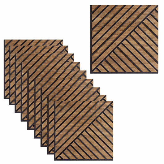 Set 10 Pannelli Decorativi Fonoassorbenti 58x58 cm in MDF Decoro D Obliquo Doppio Noce Asia