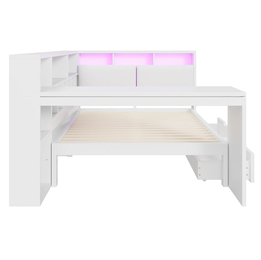 Letto a piattaforma L 140x200 cm con scrivania; libreria; LED e USB; bianco