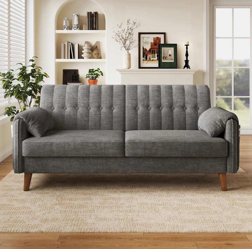 Divano 2 posti in ciniglia grigio chiaro con tasche laterali HOMVRA