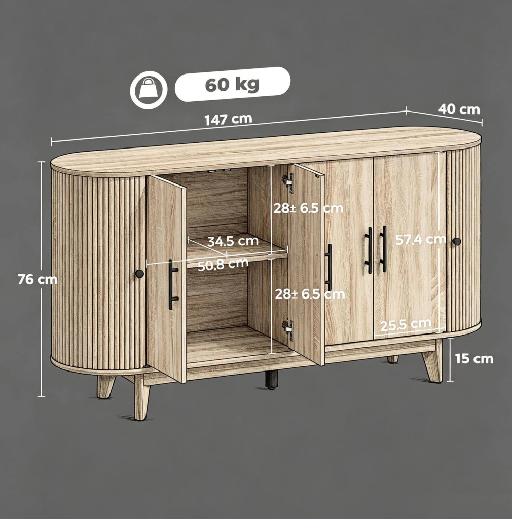 Credenza 147x40x76 cm crema in MDF; ripiani regolabili e piano ovale
