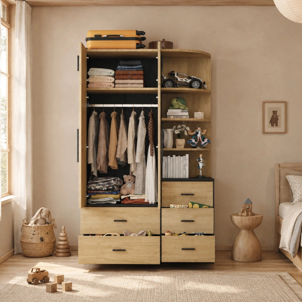 Armadio con asta appendiabiti e cinque cassetti con ripiani aperti e vani chiusi in MDF colore naturale e nero