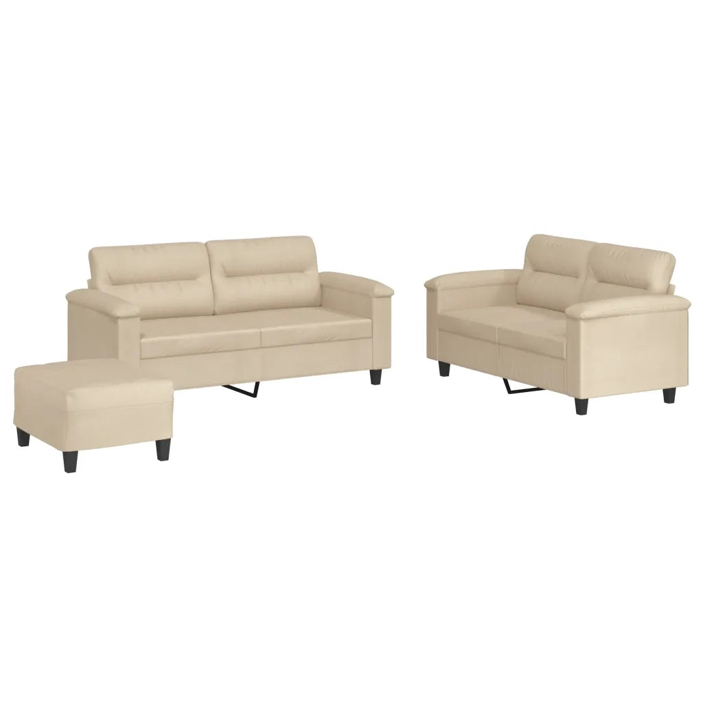 Set Divani 3 pz con Cuscini Crema in Tessuto Microfibra