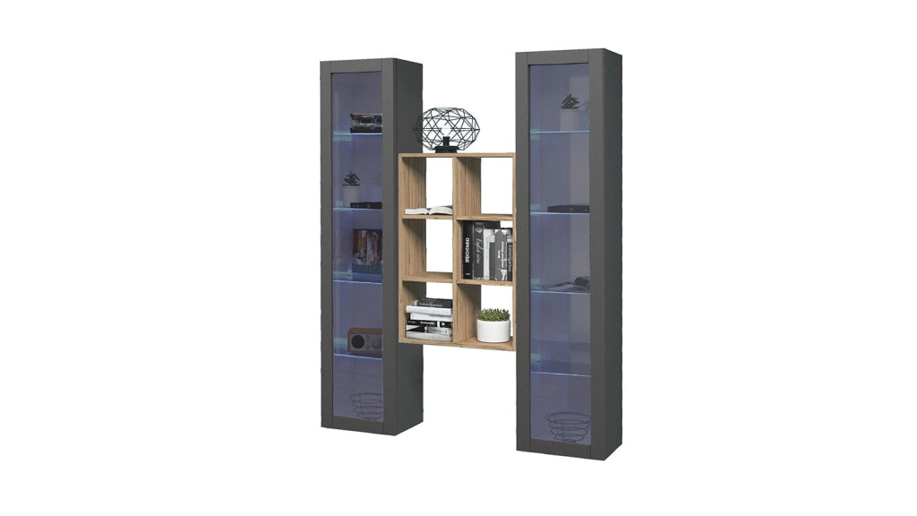 Parete Attrezzata Soggiorno 140x30x180 cm Maruska n°19 Grigio Antracite Opaco/Rovere Wotan
