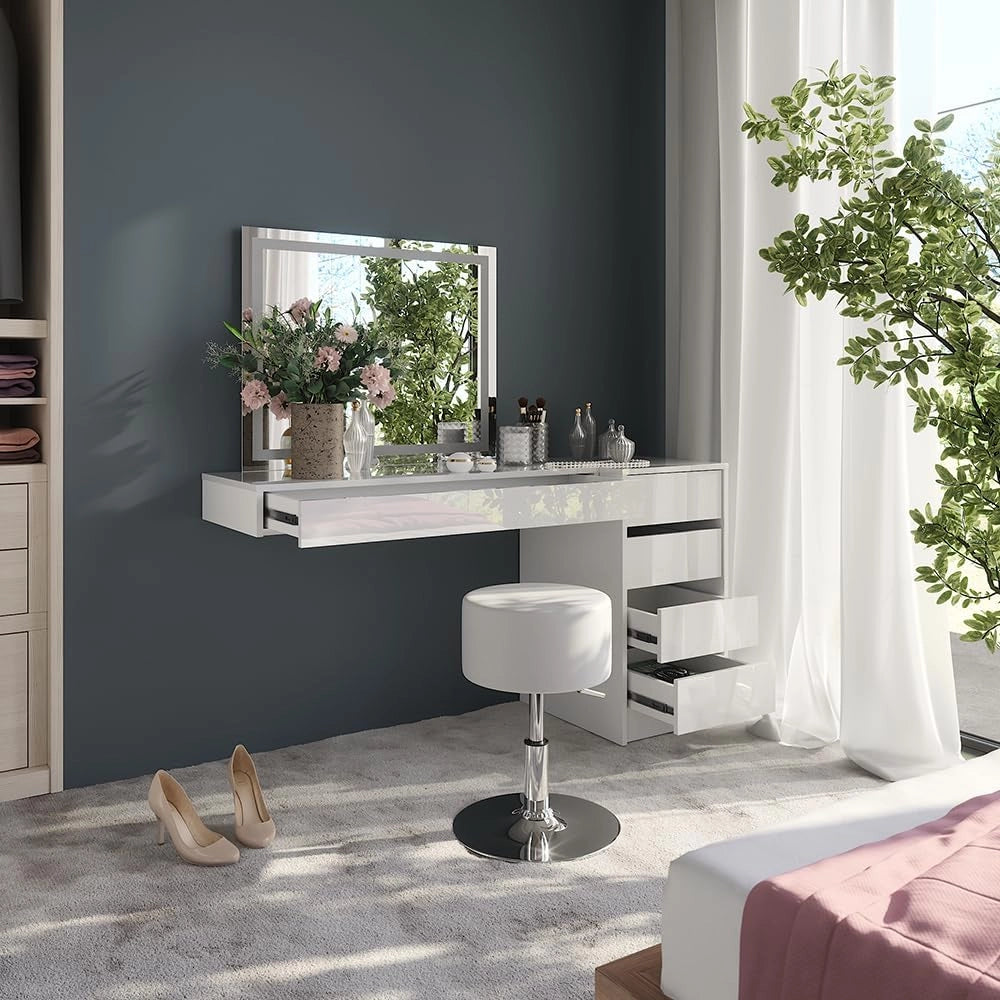 Tavolo da toeletta Sherry, Bianco, 100 cm 4 parti, con illuminazione LED e seduta imbottita per il montaggio