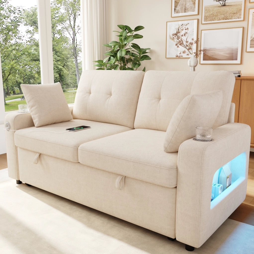 Divano letto estraibile 2 posti in ciniglia beige con LED; USB/Type-C e contenitore HOMVRA