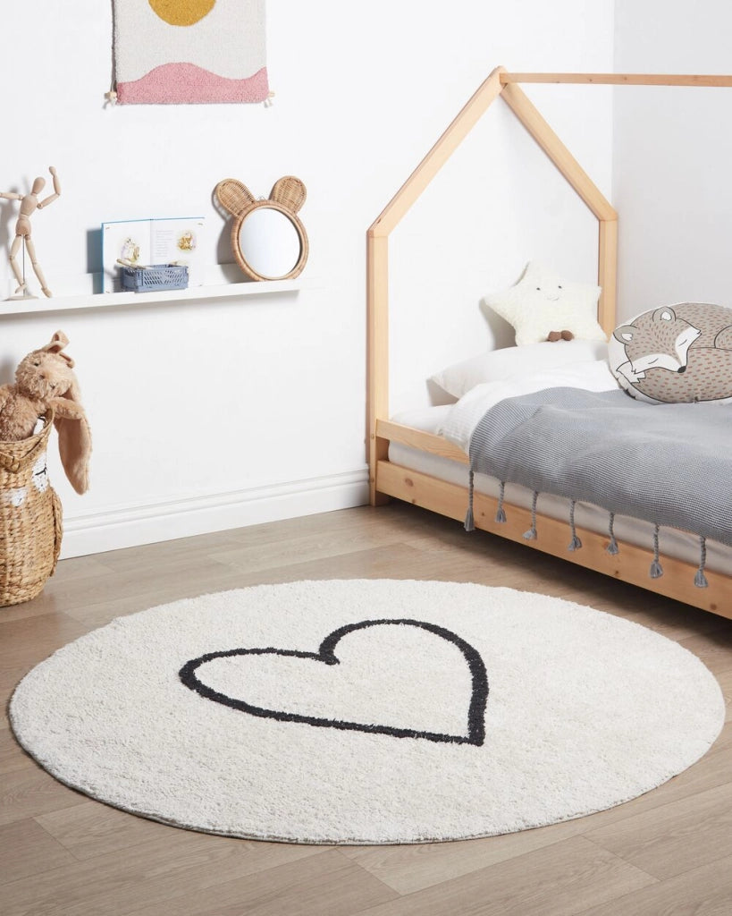 Tappeto beige e nero in cotone ø 140 cm rotondo con motivo a cuore in stile bohémien Soggiorno Bambini Camera dei bambini